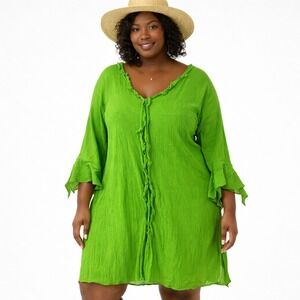Unique Spectrum Beachy Tunic Top Lime Green Cotton Crinkle Gauze Ruffle Size 3X